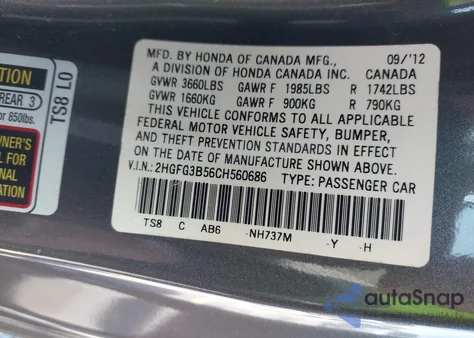 2012 Honda Civic Lx z USA, uszkodzony, nr VIN 2HGFG3B56CH560686